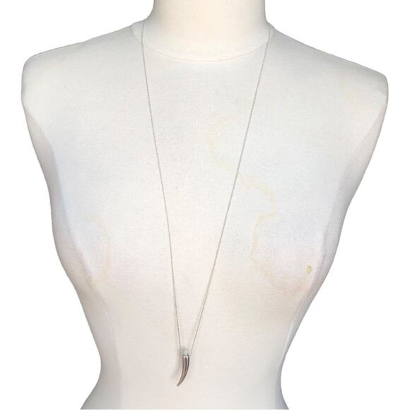 Retro Silver Tusk Shape Pendant Silver Chain Long Statement Necklace - Picture 1 of 11